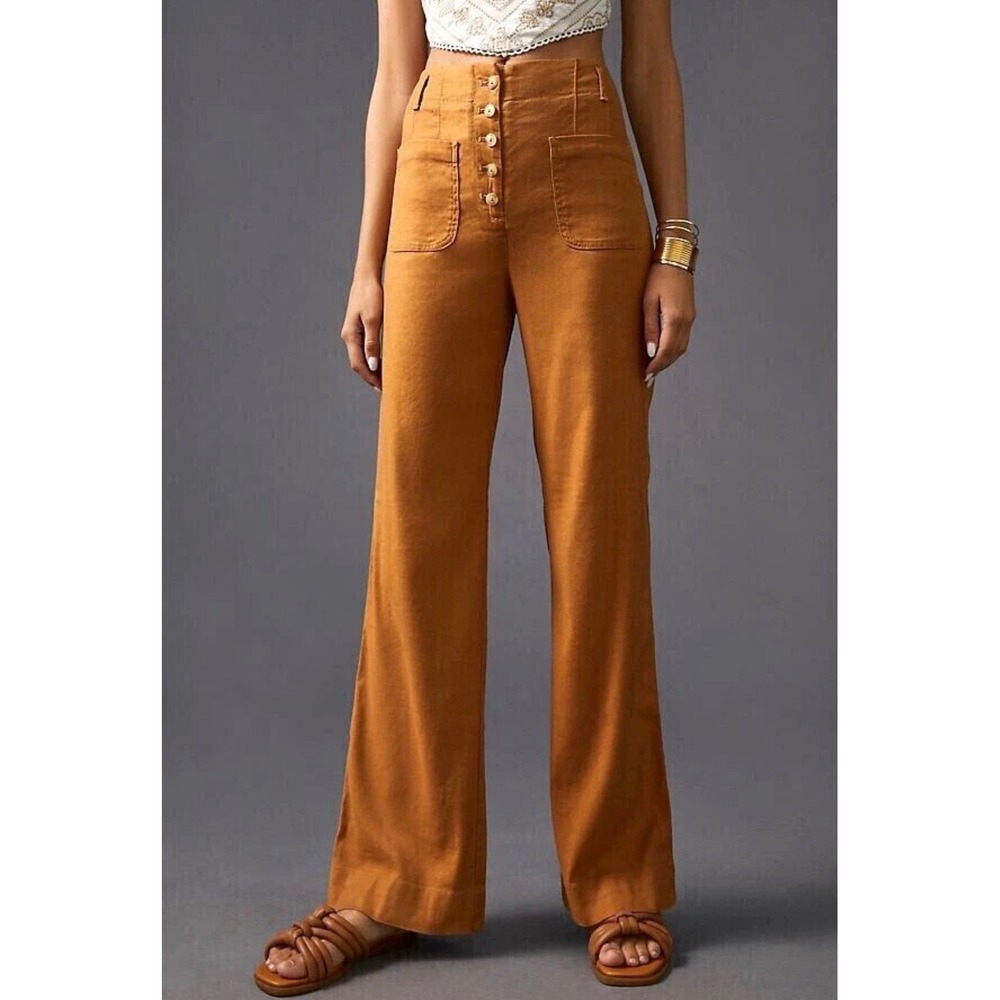 Maeve by Anthropologie High Rise Button Fly Wide Leg Linen Blend Pants Size 6